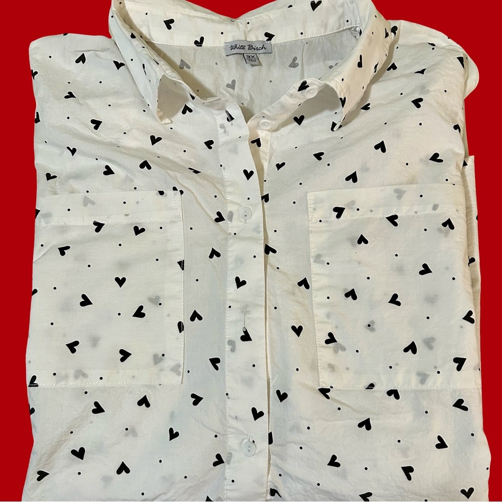 White Birch White Heart Print Button Down Oxford style Shirt NWOT. 3X